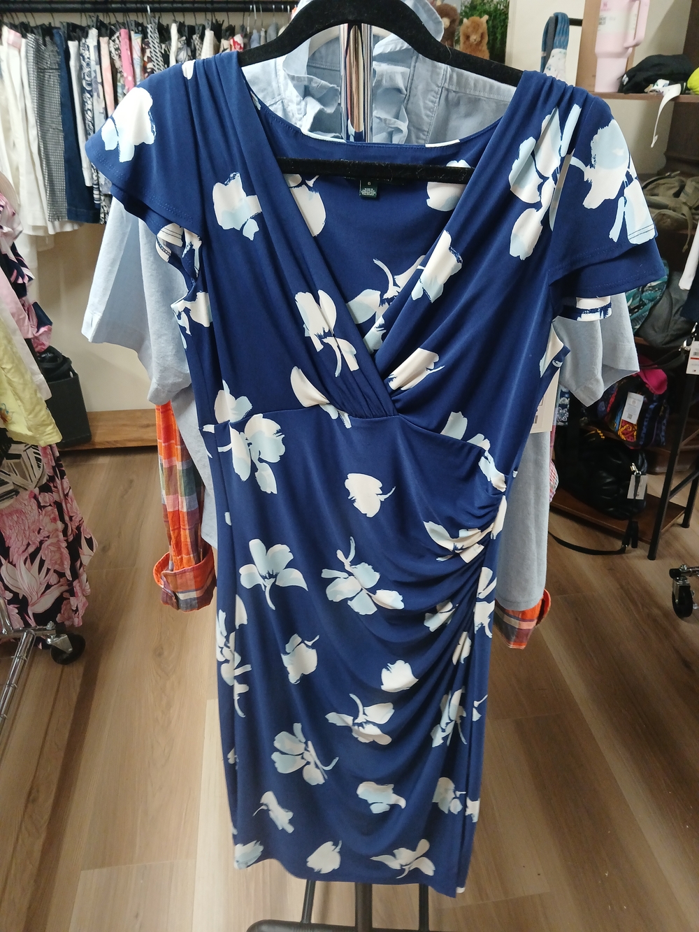 Ralph Lauren Navy Blue Midi Dress with White Floral Print